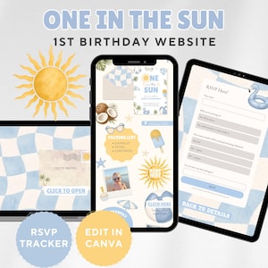 May include: A digital 1st birthday website template displayed on a laptop, smartphone, and tablet. The design features a light blue and white checkered pattern, a yellow sun illustration, and text reading ONE IN THE SUN 1ST BIRTHDAY WEBSITE.