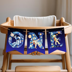 Outer Space First Birthday Banner, 1st Trip Around the Sun Highchair One Banner, Astronaut Galaxy Party Sign, Space Theme Party Decorations