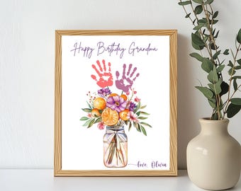 Regalo di compleanno stampabile per la nonna, lavoretto per il compleanno della nonna con l'impronta della mano del bambino, regalo con l'impronta di un fiore per la nonna, regalo fai da te per la nonna