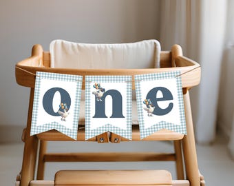 おかしなガチョウのハイチェアバナー1枚、1歳の誕生日用バナー1枚、ガチョウをテーマにした1歳の誕生日パーティーデコレーション、おかしなガチョウのスマッシュケーキバナー、s02g