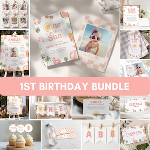 One in the Sun-paket för första födelsedag, sommarfestkit för första födelsedag, redigerbar födelsedagsdekor för flickor, tropisk rosa inbjudan för första födelsedag, o11s
