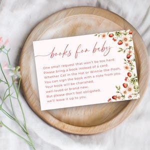 Aardbei babyshower boek verzoek notitie, bessen thema babyshower, bessen zoete boeken voor baby, afdrukbare aardbei babyshower uitnodiging, s23b