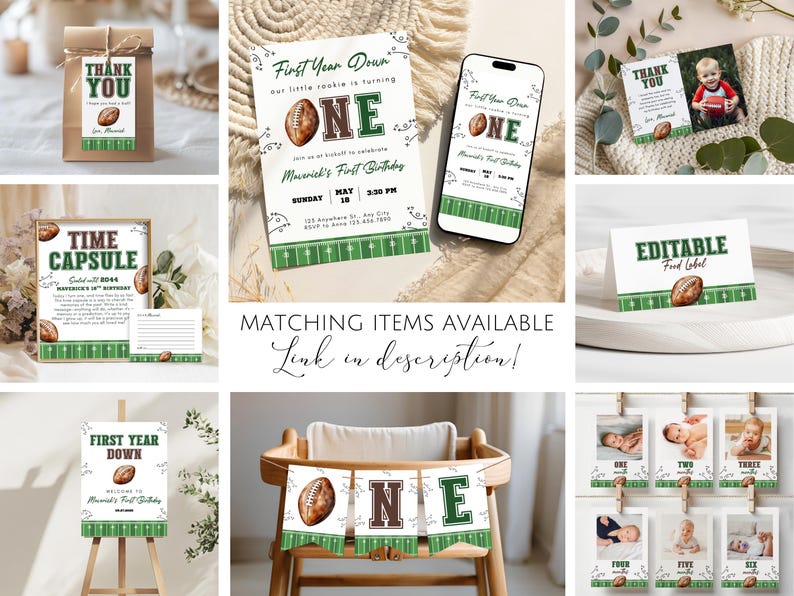 May include: A collection of football-themed party decorations, including invitations, thank you tags, food labels, and a banner. The designs feature a football graphic and a green and brown color scheme. Text includes "First Year Down" and "ONE".