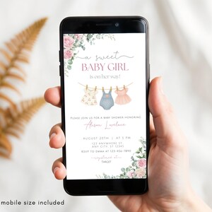 May include: A mobile phone screen shows a baby shower invitation. The design includes the text "a sweet BABY GIRL is on her way!" and illustrations of baby clothes. Floral decorations and event details are also visible.