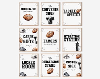 May include: Nine framed signs with football-themed text and illustrations. Signs include "Autographs," "Souvenir Shop," "Tackle Your Appetite," "Cards and Gifts," "Favors," "Hydration Station," "Locker Room," "Concession Stand," and "Custom Sign."