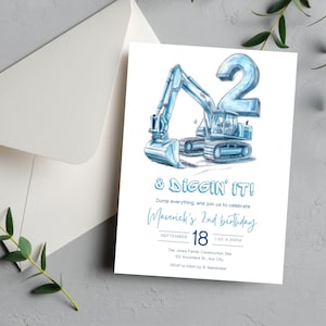 Invito di compleanno 2 and Digging It, tema di compleanno trattore per il secondo compleanno, invito stampabile trattore blu per festa di costruzione, t03d