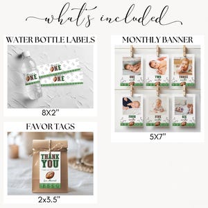 May include: A collection of party supplies with a football theme. Includes water bottle labels (8x2 inches), a monthly photo banner (5x7 inches), and favor tags (2x3.5 inches). The labels and tags feature a football graphic.