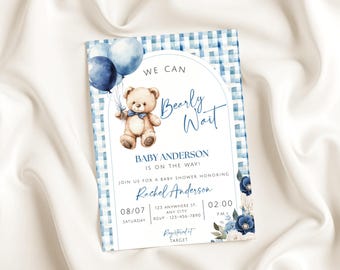 Editable Bear Baby Shower Invitation, Printable We Can Bearly Wait Baby Shower Invite, Boy Baby Shower, Blue Gingham Teddy Bear Invite