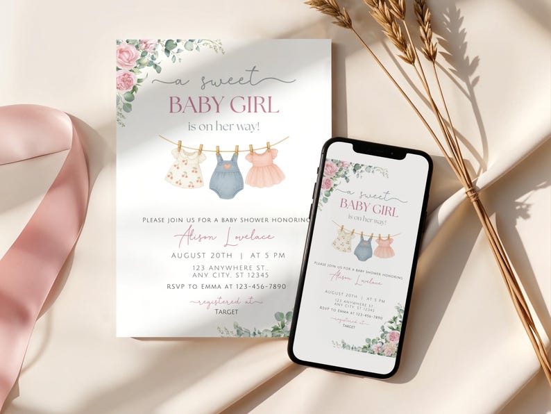 May include: Baby shower invitation with the text "a sweet BABY GIRL is on her way!" featuring watercolor illustrations of baby clothes hanging on a clothesline. A smartphone displays the same design.