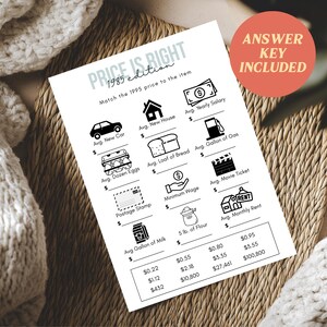 Peut inclure: Un jeu sur papier blanc intitulé "PRICE IS RIGHT 1995 edition" avec des illustrations noires d'objets comme une voiture, une maison et du pain. Le jeu comprend une clé de réponse et est posé sur un tapis tissé avec une couverture crème.