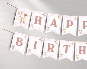 May include: A pink and white gingham banner with the words "Happy Birthday" in pink letters. Each letter is on a separate flag with a small floral design and a white duck with pink balloons.
