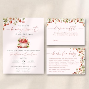 Strawberry Baby Shower Invitation Bundle, Berry Sweet Baby Shower Diaper Raffle, Strawberry Books for Baby, Printable Berry Invite Set, s23b