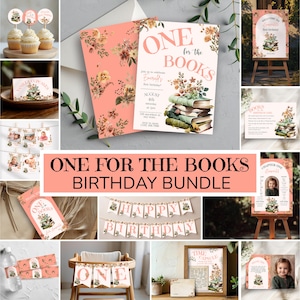 Pacchetto di compleanno One for the Books, kit per feste del capitolo uno, decorazioni di compleanno a tema libro stampabili, invito di compleanno One for the Books, o12b