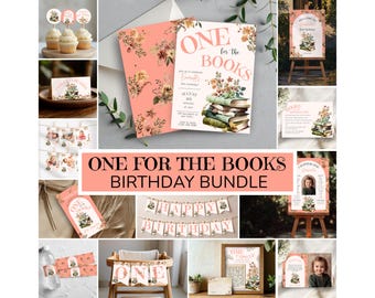 May include: A printable birthday party bundle with a pink and floral theme. The text "One for the Books" is featured on the invitation and banner. The bundle includes a banner, invitation, photo cards, and a sign.