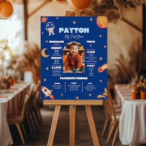 Póster de primer viaje alrededor del sol, cartel imprimible de cumpleaños con temática del espacio exterior, decoración editable para fiesta de primer cumpleaños de astronauta, f12s