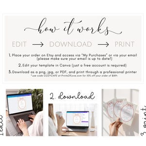 May include: An instructional graphic with the text "how it works" and the steps: edit, download, and print. The steps are illustrated with a laptop, a person using a laptop, and printed cards. The text explains how to order, edit, download, and print a template.