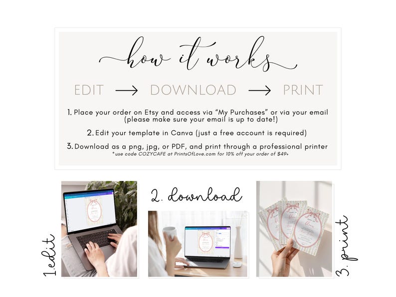 May include: An instructional graphic with the text "how it works" and the steps: edit, download, and print. The steps are illustrated with a laptop, a person using a laptop, and printed cards. The text explains how to order, edit, download, and print a template.