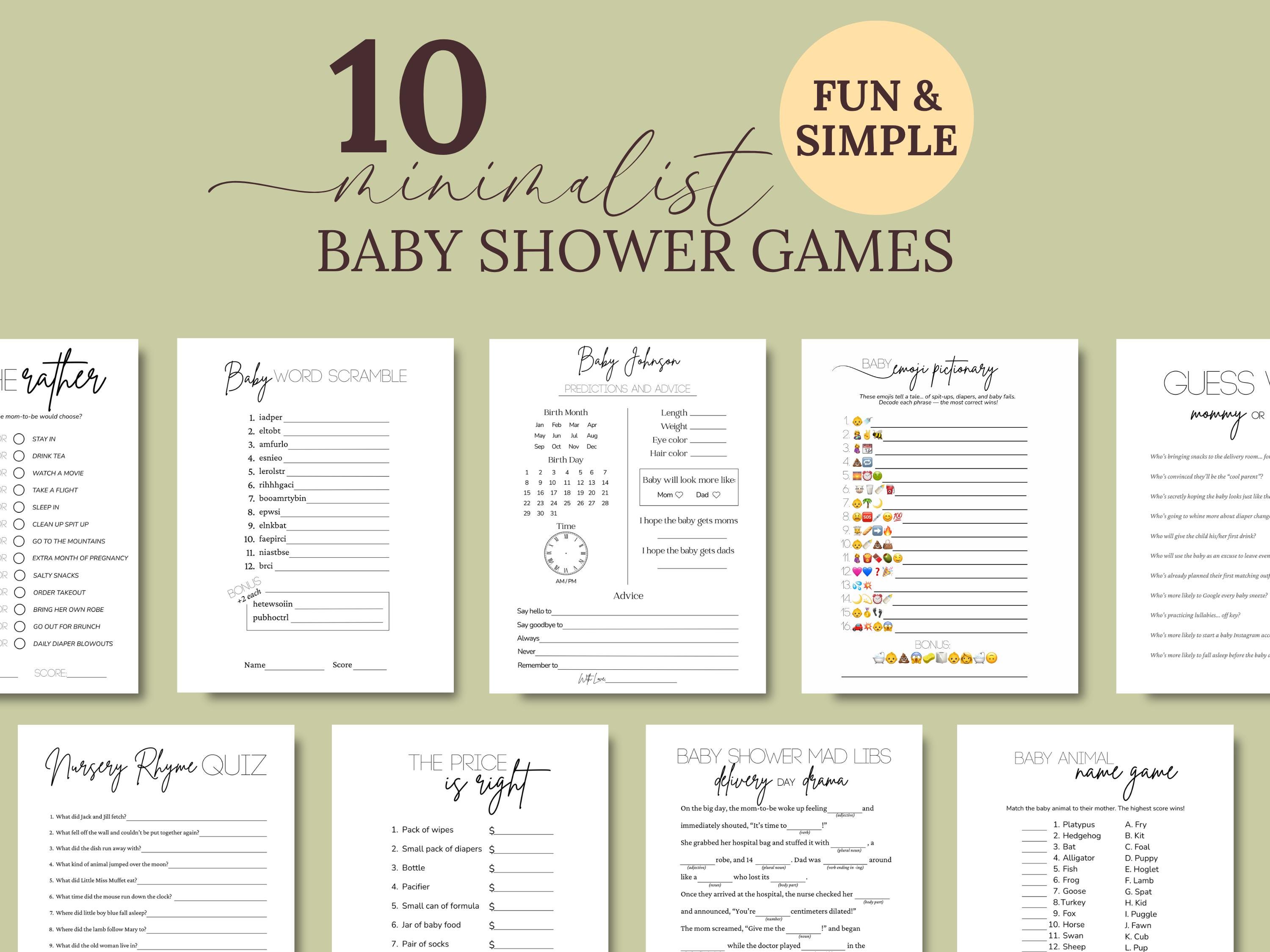 Baby Shower Games Bundle, Minimalist Gender Neutral Baby Sprinkle Activities, Printable Funny Simple Baby Shower Games, Fun Activity, b54s