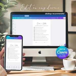 May include: A desktop computer and smartphone display a "Over or Under" game template. The text "Edit on any device" and "desktop recommended" are visible. A coffee cup sits on a saucer in the foreground.