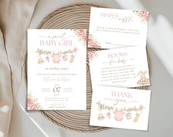 May include: A set of baby shower invitations and cards with a soft pink and beige color scheme. The main invitation reads "A sweet BABY GIRL is on her way!" and includes details for the event. Additional cards include "Diaper Raffle", "Books for baby", and "Thank you".