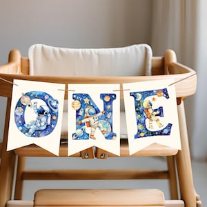 Space First Birthday Banner, 1st Trip Around the Sun Highchair One Banner, Astronaut Galaxy Party Sign, Outer Space Party Decorations