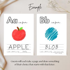 Puede incluir: Dos tarjetas blancas con las letras "Aa" y "Bb" y las palabras "is for". La tarjeta "Aa" tiene una ilustraci&oacute;n de manzana roja y la palabra "APPLE". La tarjeta "Bb" tiene una ilustraci&oacute;n de mancha azul y la palabra "BLOB".