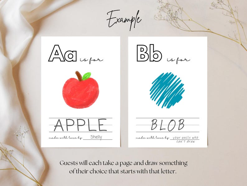 Puede incluir: Dos tarjetas blancas con las letras "Aa" y "Bb" y las palabras "is for". La tarjeta "Aa" tiene una ilustraci&oacute;n de manzana roja y la palabra "APPLE". La tarjeta "Bb" tiene una ilustraci&oacute;n de mancha azul y la palabra "BLOB".