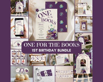 May include: A collection of purple and white "One for the Books" themed party supplies. Includes invitations, cupcake toppers, banners, and a sign. The theme features books, globes, and floral accents, perfect for a first birthday.
