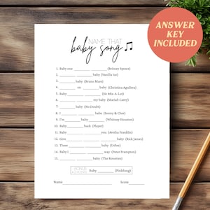 May include: A printable baby shower game with the title "Name That Baby Song". The game features 15 questions with song titles and artists listed next to each question. The game also includes a bonus question.