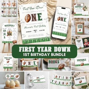 First Year Down Birthday Bundle, Football First Birthday Party Kit, Rookie Year Football Birthday Decor, First Down Birthday Invite, f01d