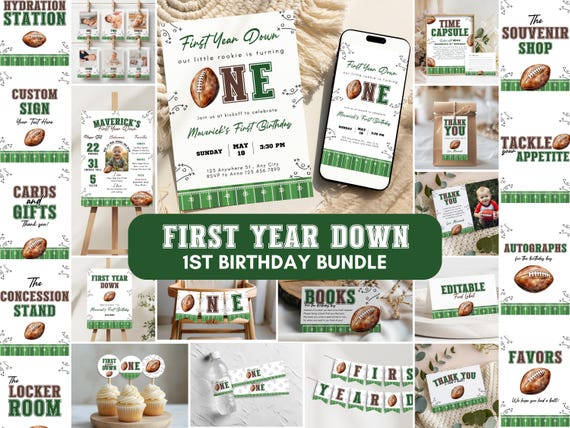 First Year Down Birthday Bundle, Football First Birthday Party Kit, Rookie Year Football Birthday Decor, First Down Birthday Invite, f01d