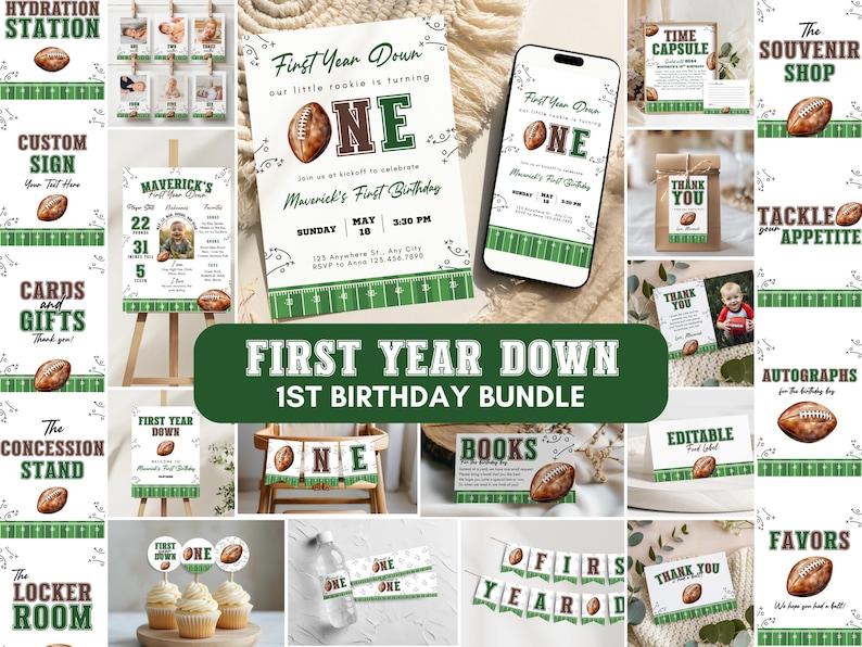 First Year Down Birthday Bundle, Football First Birthday Party Kit, Rookie Year Football Birthday Decor, First Down Birthday Invite, f01d