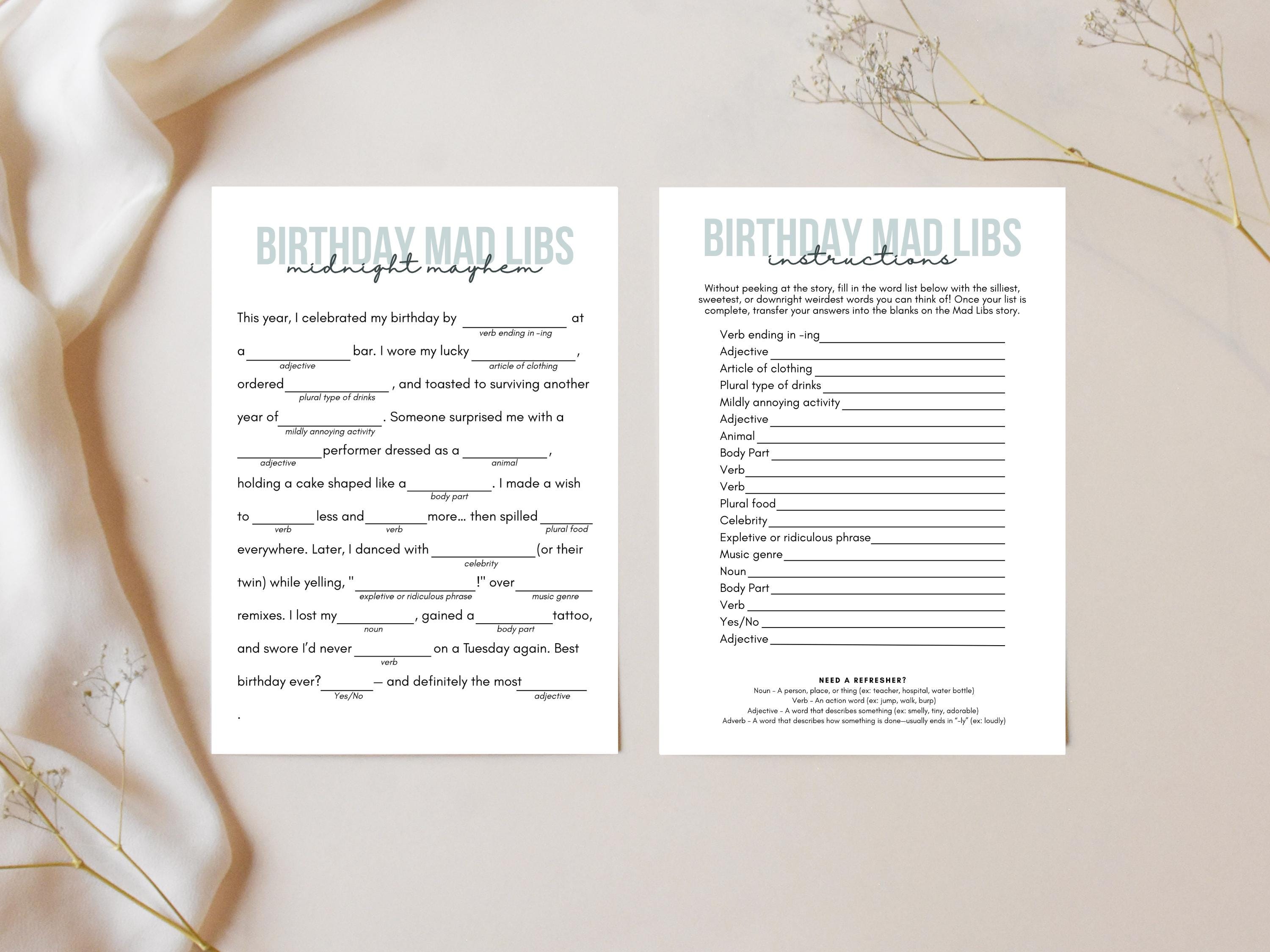 Mad Libs Birthday Game, Printable Adult Birthday Activity, Funny Mad Libs Game, Easy Fun Birthday Activities, Funny Adult Party Games