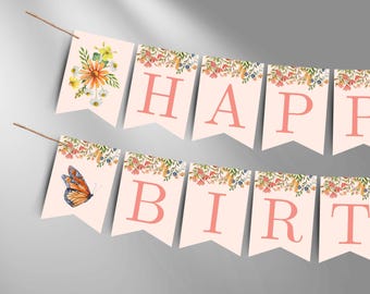 Printable Wildflower Happy Birthday Banner, Customizable Banner For Flower Bday Party, Custom Boho Birthday Sign, Spring Party Decor, n57w