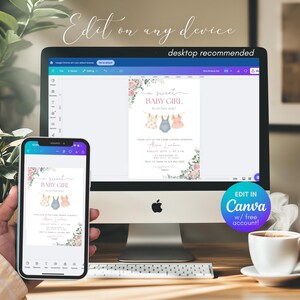 May include: A baby shower invitation design displayed on a computer monitor and a smartphone. The invitation features the text "A sweet BABY GIRL" with illustrations of baby clothes. The design includes floral accents and the text "Edit on any device".