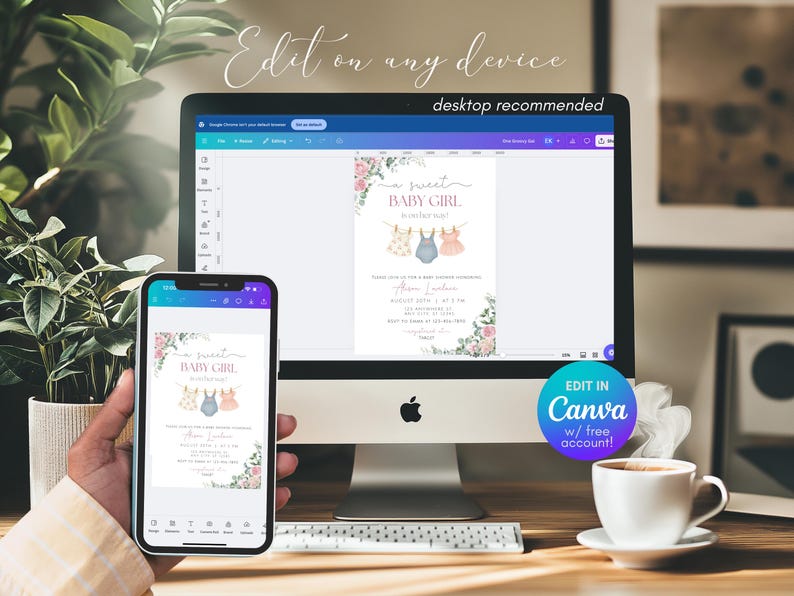May include: A baby shower invitation design displayed on a computer monitor and a smartphone. The invitation features the text "A sweet BABY GIRL" with illustrations of baby clothes. The design includes floral accents and the text "Edit on any device".