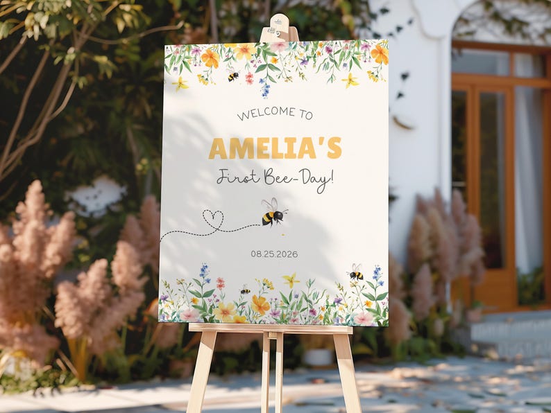 Editable First Bee Day Welcome Sign, Printable Yellow 1st Birthday Party Decor, Little Honey Girl First Birthday, f21b