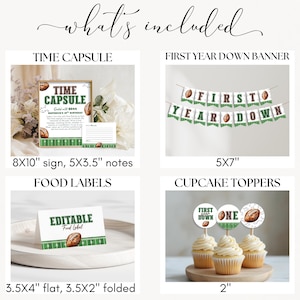 May include: A collection of football-themed party decorations. Includes a time capsule sign and notes, a banner that reads "FIRST YEAR DOWN", food labels, and cupcake toppers. The sign is 8x10 inches, the banner is 5x7 inches, and the cupcake toppers are 2 inches.