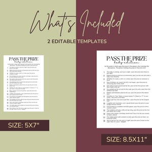 May include: Two baby shower game templates, "Pass the Prize," are displayed. One is 5x7 inches, the other is 8.5x11 inches. The text is black on a white background, with a light green and maroon background.