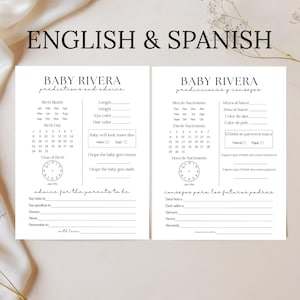 Puede incluir: Dos tarjetas blancas de predicción y consejo para baby shower con texto negro. Las tarjetas incluyen secciones para el mes de nacimiento, la longitud, el peso, el color de ojos y el color de cabello. Una tarjeta está en inglés, la otra en español.
