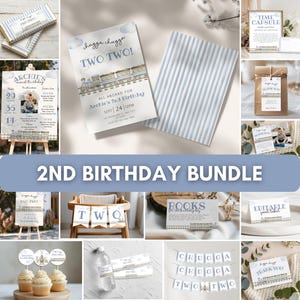 May include: A collection of birthday party decorations and stationery with a train theme. Includes invitations, signs, cupcake toppers, and banners. The color scheme is primarily blue and white, with gold accents. The text "2nd Birthday Bundle" is displayed.