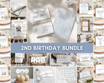 May include: A collection of birthday party decorations and stationery with a train theme. Includes invitations, signs, cupcake toppers, and banners. The color scheme is primarily blue and white, with gold accents. The text "2nd Birthday Bundle" is displayed.