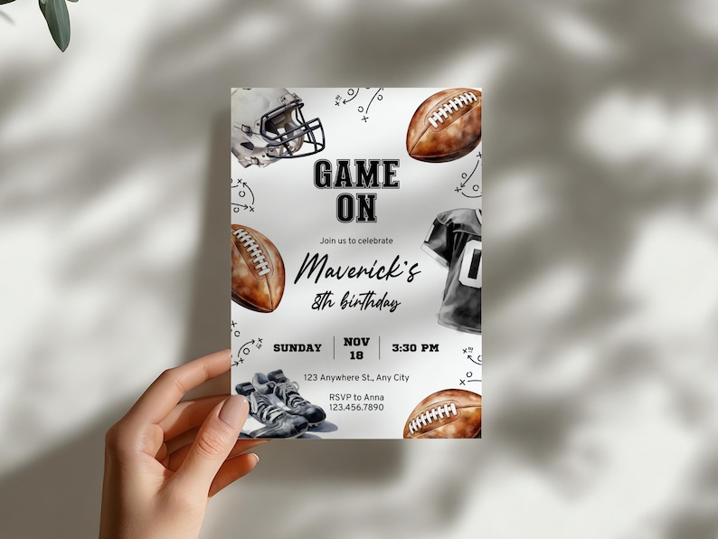 Football Birthday Invitation, Printable American Football Birthday Party Invite, Editable Sports Invitation Template, Game On Birthday, g11o