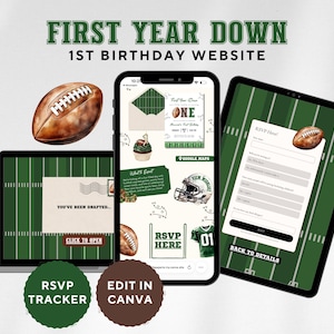 May include: A digital birthday invitation template set featuring a football theme with green field backgrounds, football graphics, and text including FIRST YEAR DOWN, 1ST BIRTHDAY WEBSITE, YOU'VE BEEN DRAFTED, CLICK TO OPEN, RSVP HERE, and BACK TO DETAILS.