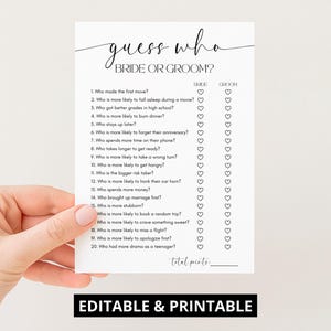 Juego imprimible de adivinanzas para bodas, divertido juego de adivinanzas para la recepción, la novia o el novio, plantilla editable para juegos de despedida de soltera.