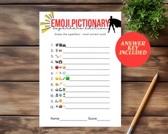 Emoji Pictionary Superhero Game, Printable Kids Birthday Activity, Boy Birthday Games, Superhero Emoji Pictionary Game for Kids Party