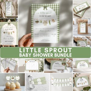 Può includere: Un pacchetto per baby shower con un tema a quadretti verdi e bianchi. Il pacchetto include inviti, cartelli, decorazioni per cupcake e altro. Il testo "Little Sprout Baby Shower Bundle" è ben visibile.