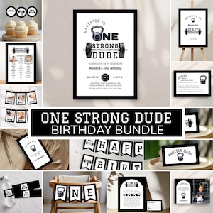 One Strong Dude Geburtstags-Bundle, Fitness-Thema Party Kit, druckbare Fitness-Studio Thema Geburtstagsdekorationen, One Strong Baby Geburtstagseinladung, o11d