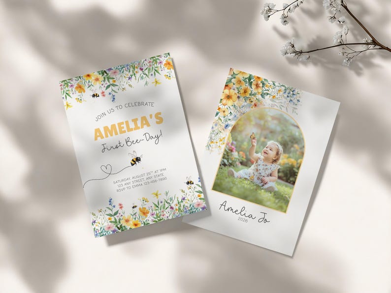 Editable First Bee Day Invitation, Bee 1st Birthday Invite with Photo, Our Little Honey is turning One, f21b