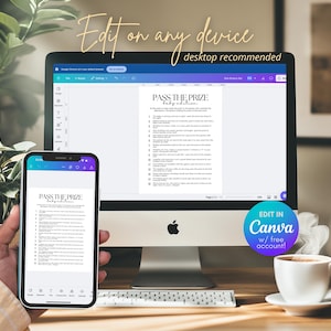 May include: A desktop computer and smartphone display a "Pass the Prize" game template. The text "Edit on any device" and "desktop recommended" are visible. A coffee cup and plant are also in the image. The Canva logo is also visible.